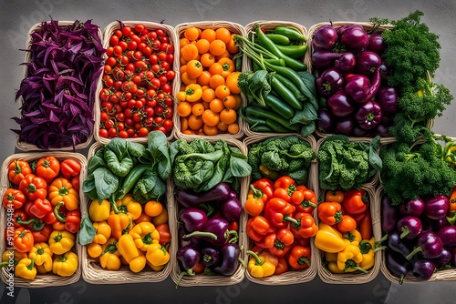 Assortment of fresh vegetables in baskets on grey background, top view photo