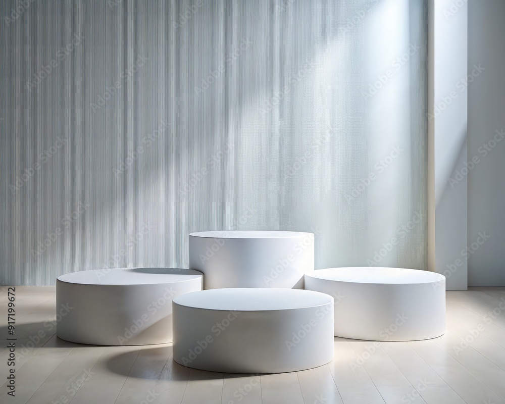 White round podiums arranged in a modern exhibition space during an art display event. Generative AI White round podiums arranged in a modern exhibition space during an art display event. Generative AI