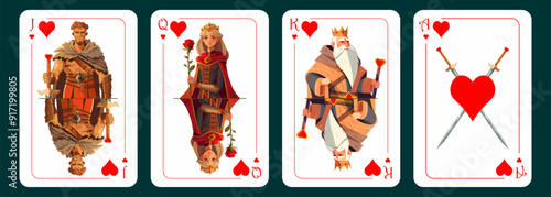 Jack of hearts, queen of hearts, king of hearts, ace of hearts. Playing cards design. Vector illustration