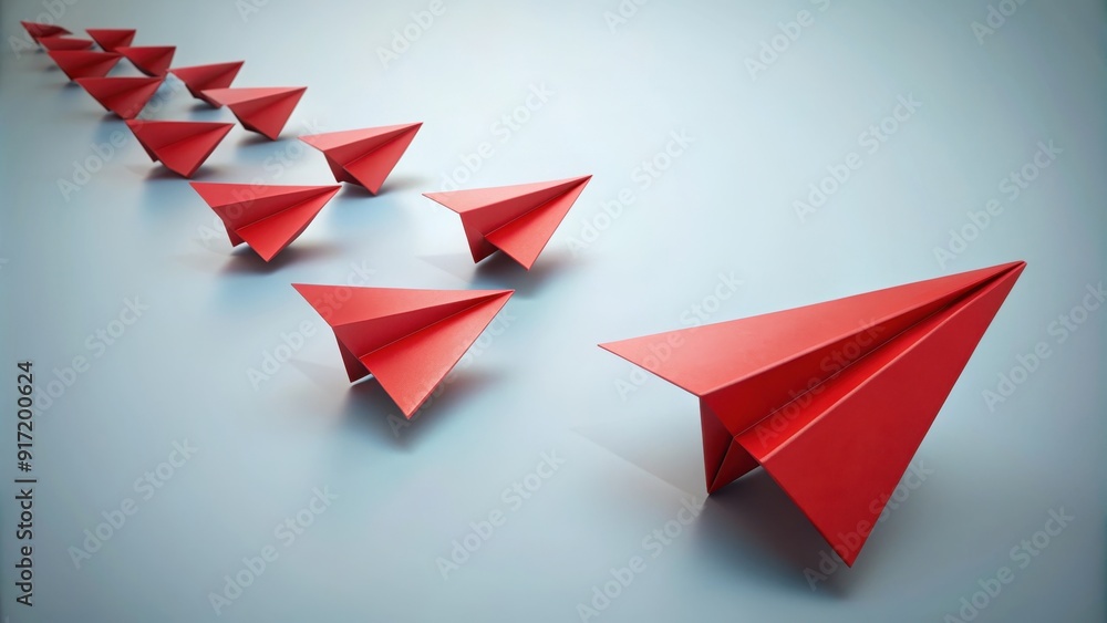 Red paper plane leading a row of paper planes in a concept of leadership and direction, leadership, teamwork, success Red paper plane leading a row of paper planes in a concept of leadership and direction, leadership, teamwork, success