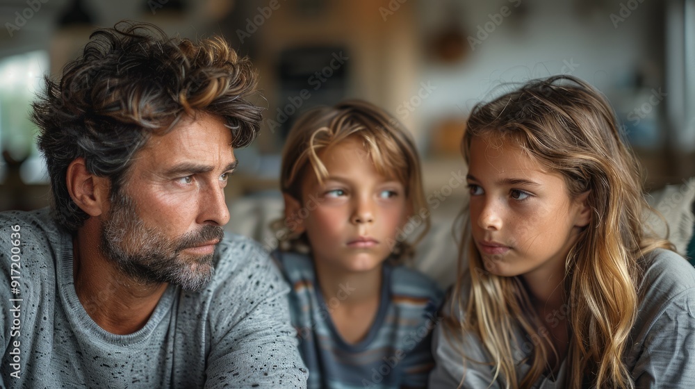 A father confronts his teenage daughter with an intense stare, indicating his disapproval towards her behavior and the discipline issues at stake.