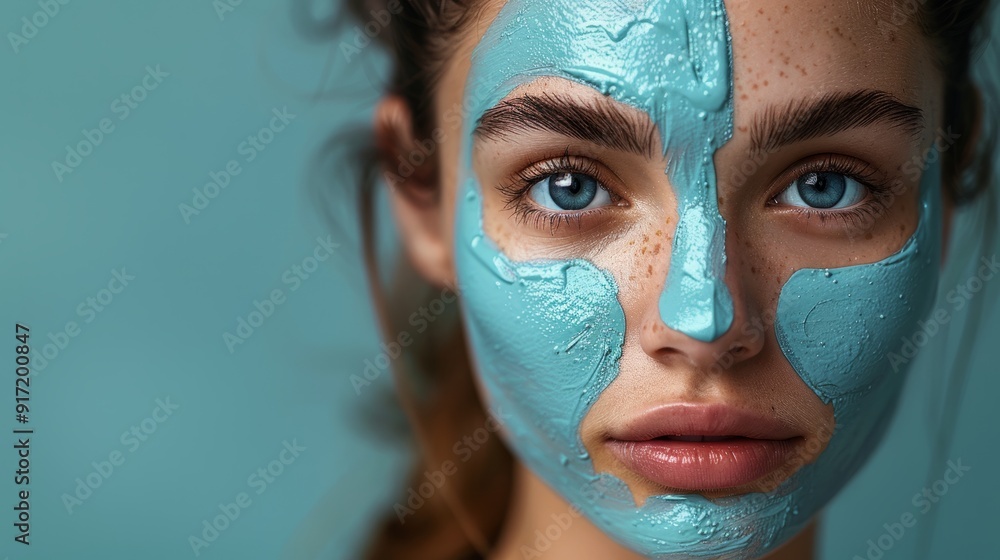 A layer of a therapeutic cream mask sits evenly on a woman's face, an important part of a regimen aimed at skin rejuvenation. A layer of a therapeutic cream mask sits evenly on a woman's face, an important part of a regimen aimed at skin rejuvenation.