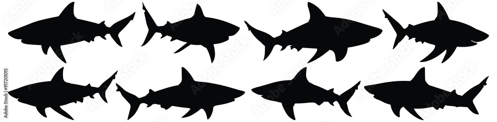 Fototapeta premium Shark silhouette set vector design big pack of fish illustration and icon