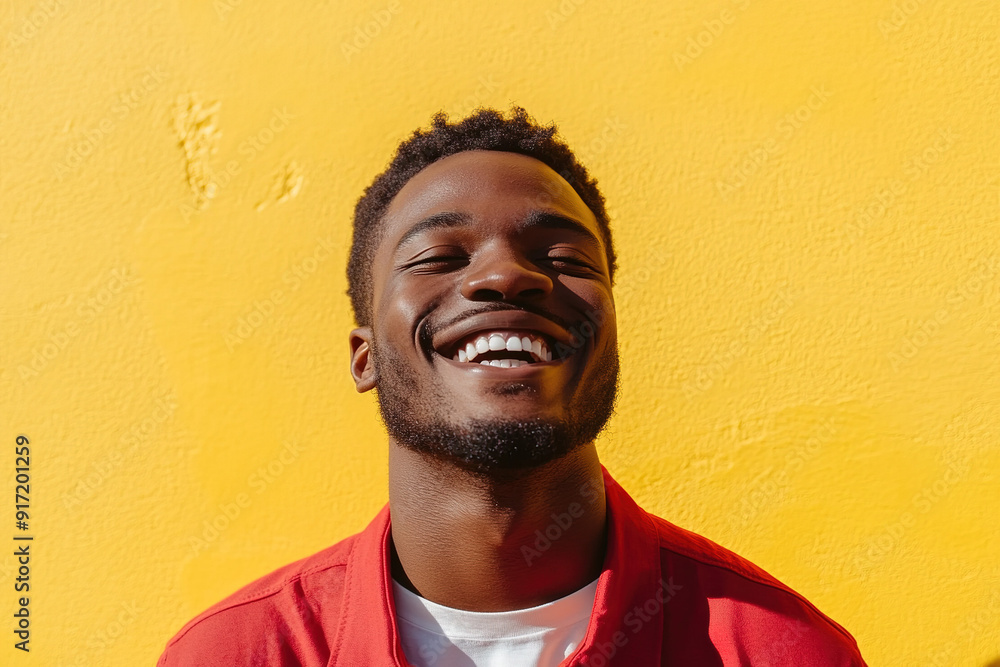 Bright and Cheerful Headshot of a Black Man Wearing a Red Shirt and White T-Shirt, Smiling on a Sunny Day with a Yellow Wall Behind Bright and Cheerful Headshot of a Black Man Wearing a Red Shirt and White T-Shirt, Smiling on a Sunny Day with a Yellow Wall Behind