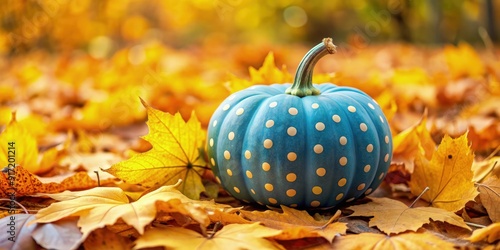 A blue pumpkin with orange dots sits on a standard scale among colorful autumn leaves in a serene outdoor setting. Generative AI photo