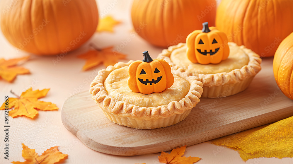 Two pumpkin pies with orange faces on top of them. The pies are on a wooden board with orange leaves scattered around them. Two pumpkin pies with orange faces on top of them. The pies are on a wooden board with orange leaves scattered around them.