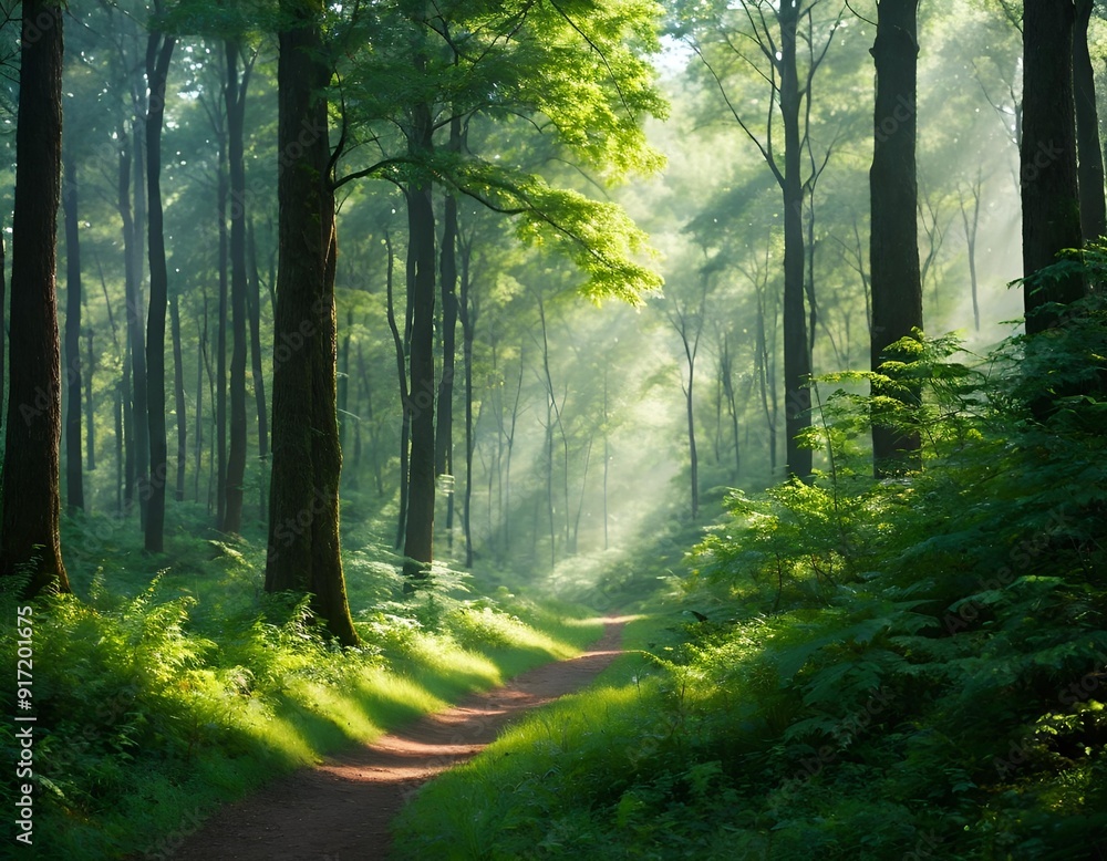 Fototapeta premium A serene forest path illuminated by sunlight filtering through lush green trees, inviting exploration and tranquility.