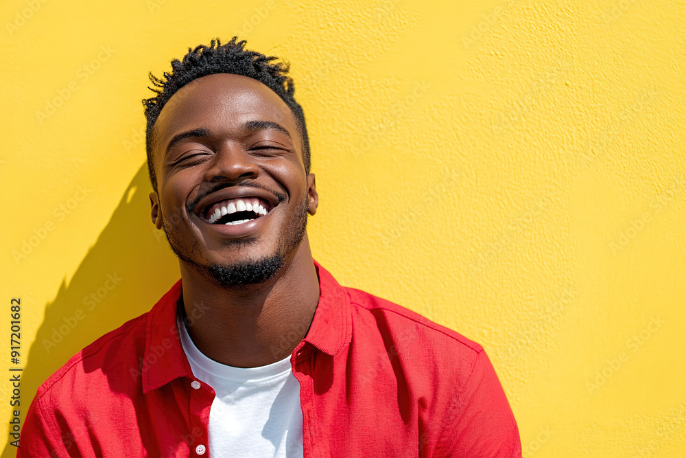 Bright and Cheerful Headshot of a Black Man Wearing a Red Shirt and White T-Shirt, Smiling on a Sunny Day with a Yellow Wall Behind Bright and Cheerful Headshot of a Black Man Wearing a Red Shirt and White T-Shirt, Smiling on a Sunny Day with a Yellow Wall Behind