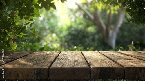 Rustic wooden platform with a blurred green garden background for product display