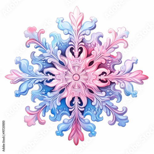 Christmas snow flake in the style of light pink watercolor on white background