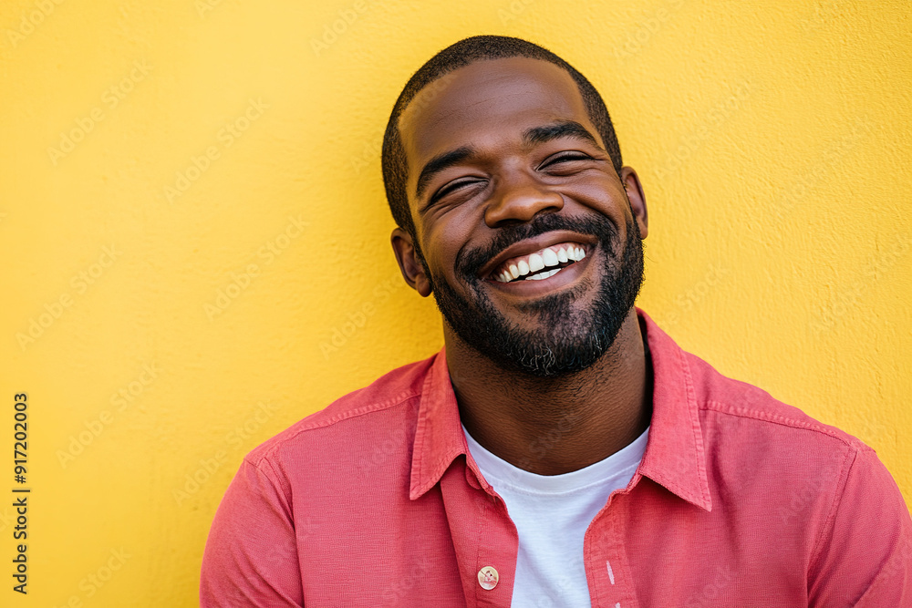 Bright and Cheerful Headshot of a Black Man Wearing a Red Shirt and White T-Shirt, Smiling on a Sunny Day with a Yellow Wall Behind Bright and Cheerful Headshot of a Black Man Wearing a Red Shirt and White T-Shirt, Smiling on a Sunny Day with a Yellow Wall Behind