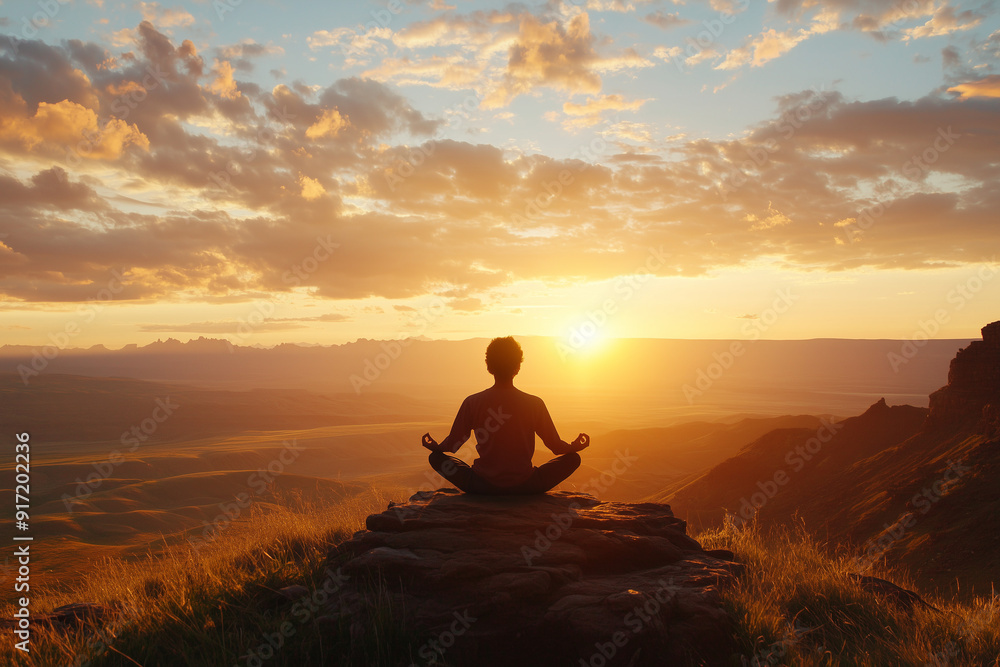 A closeup of person sitting in a meditative pose on a hill, facing a serene sunset over a vast landscape A closeup of person sitting in a meditative pose on a hill, facing a serene sunset over a vast landscape