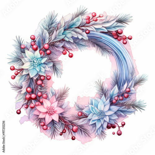 Christmas wreath in the style of light pink watercolor on white background