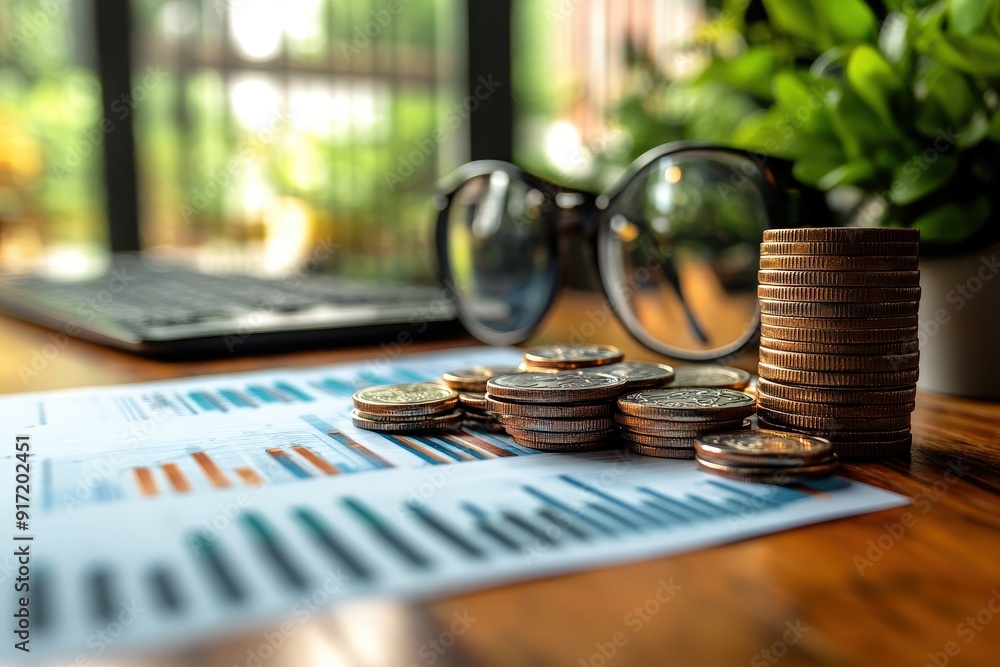 Financial Growth: A stack of coins rests on a financial report, symbolizing wealth, prosperity, and success. The image evokes a sense of security and stability, with a focus on financial management a Financial Growth: A stack of coins rests on a financial report, symbolizing wealth, prosperity, and success. The image evokes a sense of security and stability, with a focus on financial management a