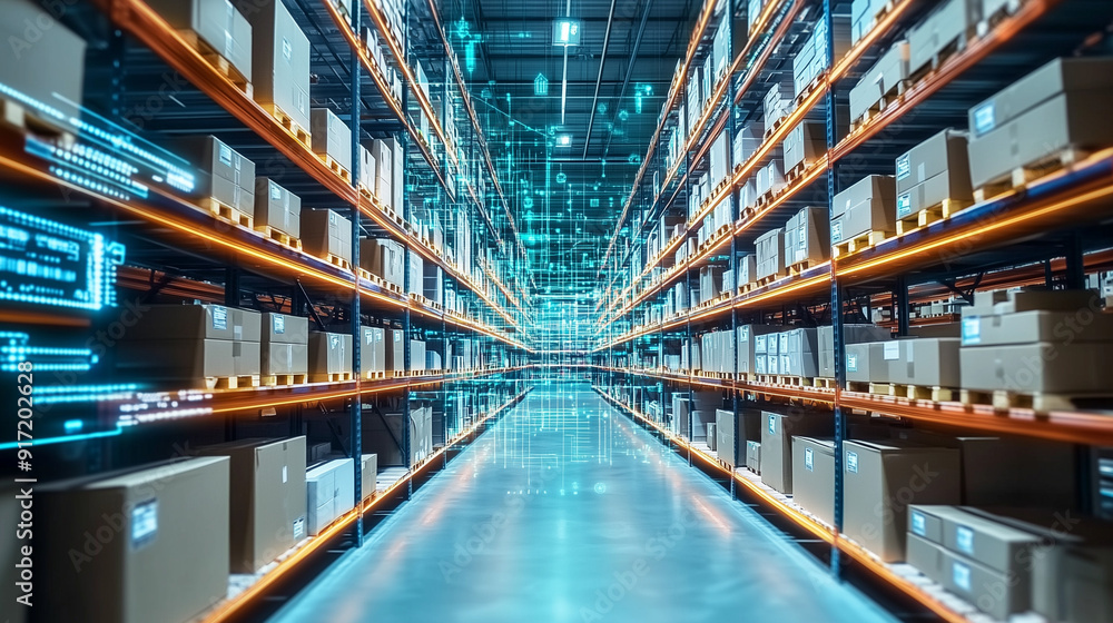 High-resolution digital warehouse with rows of shelves filled with cardboard boxes, illuminated by holographic blue, green, and orange lights. The background features advanced data visualization, repr High-resolution digital warehouse with rows of shelves filled with cardboard boxes, illuminated by holographic blue, green, and orange lights. The background features advanced data visualization, repr