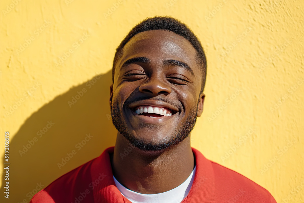 Black Man Expressing Joyful Laughter in a Close-Up Headshot, Sunlight Highlighting His Face, Red Shirt and White T-Shirt Against a Yellow Wall Black Man Expressing Joyful Laughter in a Close-Up Headshot, Sunlight Highlighting His Face, Red Shirt and White T-Shirt Against a Yellow Wall