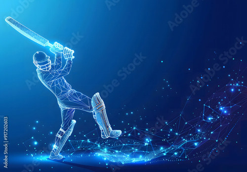 Digital blue low poly cricket player with glowing data streams AI in sports analytics, player performance tracking systems, match prediction algorithms, and training programs. wireframe player design