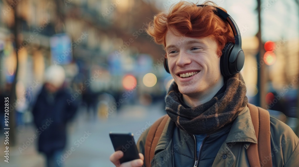 A young man is smiling and holding a cell phone while wearing headphones A young man is smiling and holding a cell phone while wearing headphones