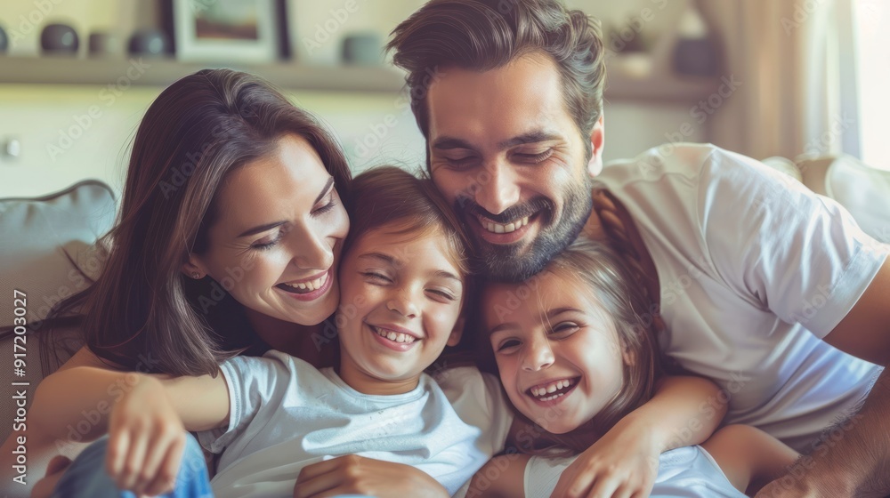 Obraz premium Family enjoying cool air from air conditioner in living room
