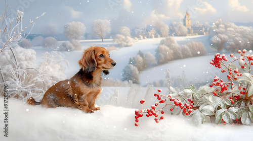 Charming Dachshund Enjoying Winter Snow With Red Berries