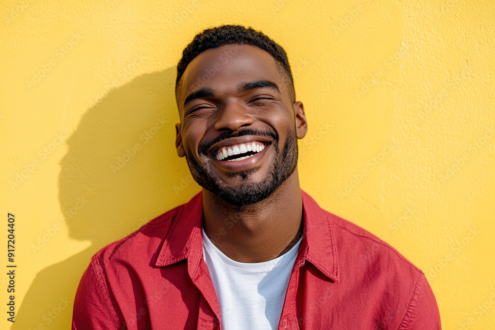Black Man Expressing Joyful Laughter in a Close-Up Headshot, Sunlight Highlighting His Face, Red Shirt and White T-Shirt Against a Yellow Wall Black Man Expressing Joyful Laughter in a Close-Up Headshot, Sunlight Highlighting His Face, Red Shirt and White T-Shirt Against a Yellow Wall
