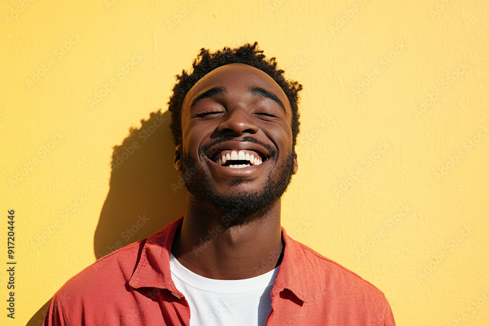 High-Resolution Portrait of a Laughing Black Man in a Red Shirt and White T-Shirt, Illuminated by Sunlight with a Yellow Wall Background
High-Resolution Portrait of a Laughing Black Man in a Red Shirt and White T-Shirt, Illuminated by Sunlight with a Yellow Wall Background