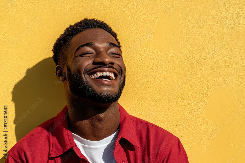 High-Resolution Portrait of a Laughing Black Man in a Red Shirt and White T-Shirt, Illuminated by Sunlight with a Yellow Wall Background
High-Resolution Portrait of a Laughing Black Man in a Red Shirt and White T-Shirt, Illuminated by Sunlight with a Yellow Wall Background
