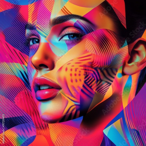 Vibrant Abstract Canvas: A Colorful Portrait of a Woman Embracing the Creativity and Modern Artistry through Geometric Splendor. photo