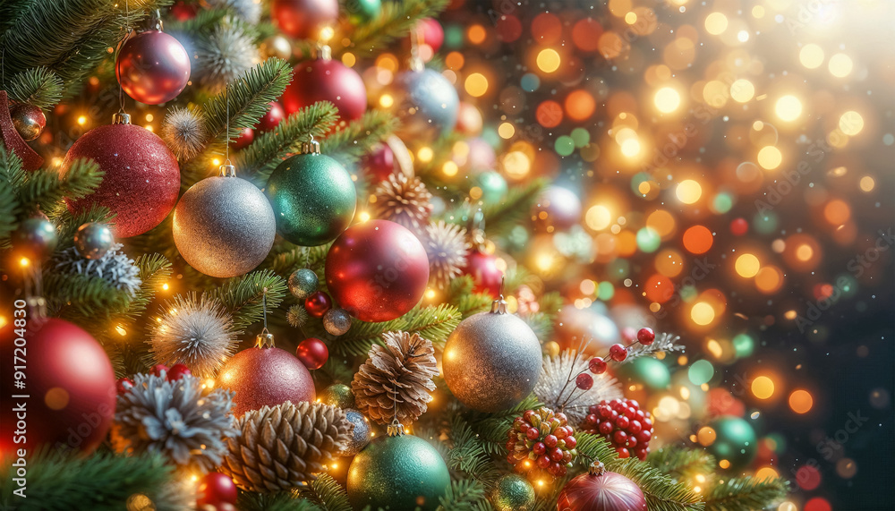 Christmas tree adorned with glossy red and gold baubles surrounded by soft glowing bokeh lights | Merry Christmas | Happy New Year Celebration Christmas tree adorned with glossy red and gold baubles surrounded by soft glowing bokeh lights | Merry Christmas | Happy New Year Celebration