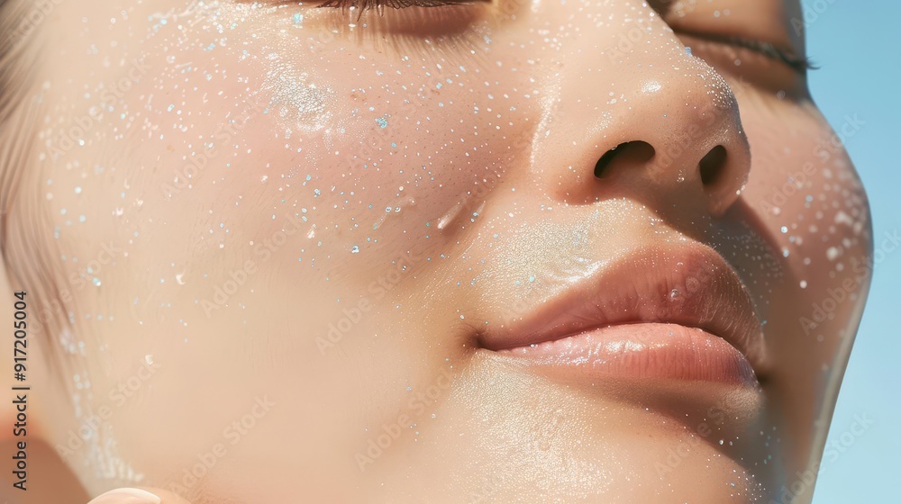 Fototapeta premium Close-up of a woman's face with water droplets on her skin.