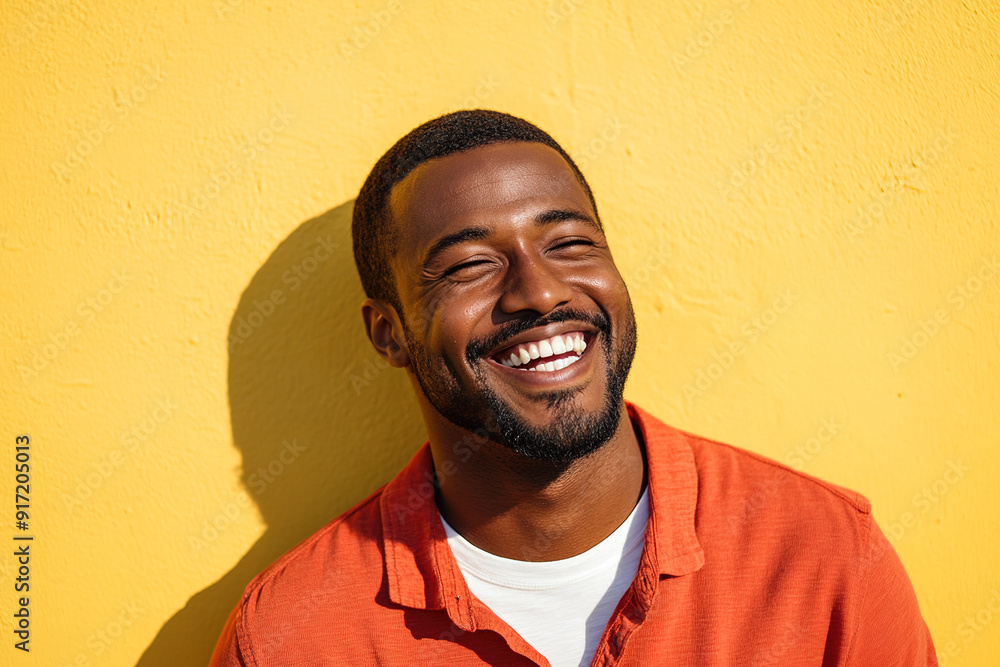 High-Resolution Portrait of a Laughing Black Man in a Red Shirt and White T-Shirt, Illuminated by Sunlight with a Yellow Wall Background
High-Resolution Portrait of a Laughing Black Man in a Red Shirt and White T-Shirt, Illuminated by Sunlight with a Yellow Wall Background