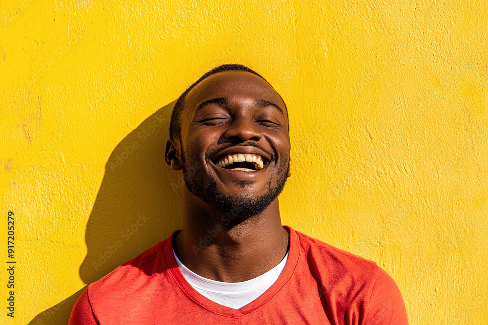 High-Resolution Portrait of a Laughing Black Man in a Red Shirt and White T-Shirt, Illuminated by Sunlight with a Yellow Wall Background
High-Resolution Portrait of a Laughing Black Man in a Red Shirt and White T-Shirt, Illuminated by Sunlight with a Yellow Wall Background