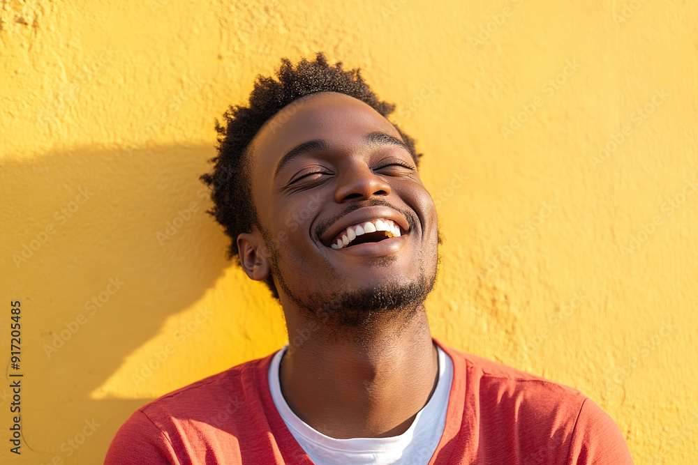 High-Resolution Portrait of a Laughing Black Man in a Red Shirt and White T-Shirt, Illuminated by Sunlight with a Yellow Wall Background
High-Resolution Portrait of a Laughing Black Man in a Red Shirt and White T-Shirt, Illuminated by Sunlight with a Yellow Wall Background