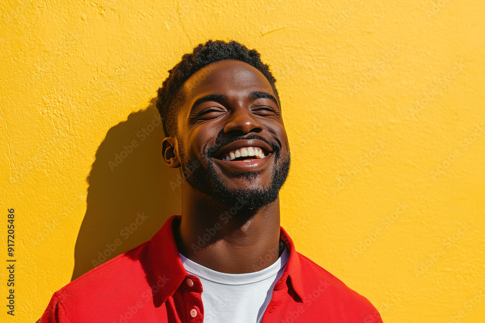 High-Resolution Portrait of a Laughing Black Man in a Red Shirt and White T-Shirt, Illuminated by Sunlight with a Yellow Wall Background
High-Resolution Portrait of a Laughing Black Man in a Red Shirt and White T-Shirt, Illuminated by Sunlight with a Yellow Wall Background