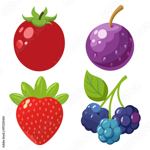 Set of tropical Berries and fruit vector illustration, Cute Strawberry, cherry, blackberry, blueberry, blueberry, raspberry outline,  tropical Berries, and fruit icon set.