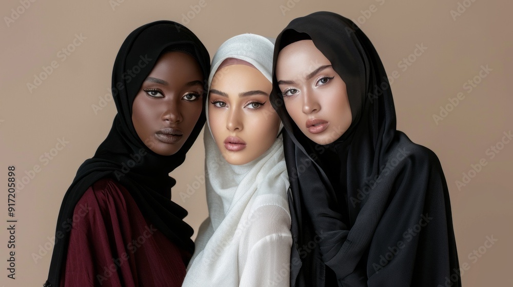 Three women wearing black and white scarves pose for a photo Three women wearing black and white scarves pose for a photo