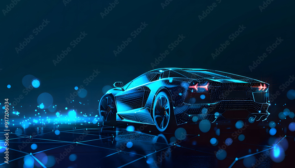 A digital blue self-driving car with a glowing data stream, the advancement of artificial intelligence in autonomous vehicle technology. driverless navigation, road transportation design A digital blue self-driving car with a glowing data stream, the advancement of artificial intelligence in autonomous vehicle technology. driverless navigation, road transportation design