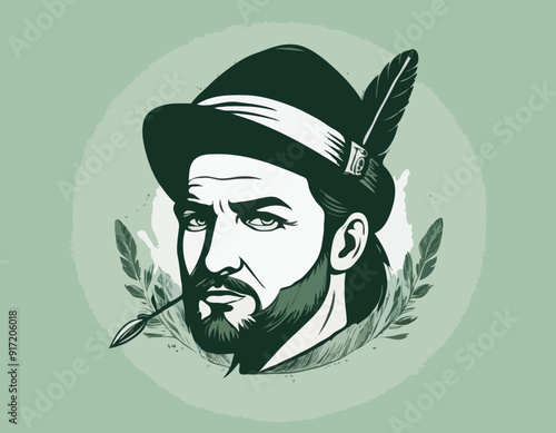 Robin Hood in a hat with feather. Defender of weak. Medieval legends. Heroes of medieval legends. Halftone background
