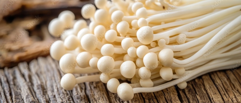 Close-up of Fresh White Enoki Mushrooms on Wooden Surface Close-up of Fresh White Enoki Mushrooms on Wooden Surface