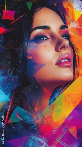 Vibrant Abstract Canvas: A Colorful Portrait of a Woman Embracing the Creativity and Modern Artistry through Geometric Splendor. photo