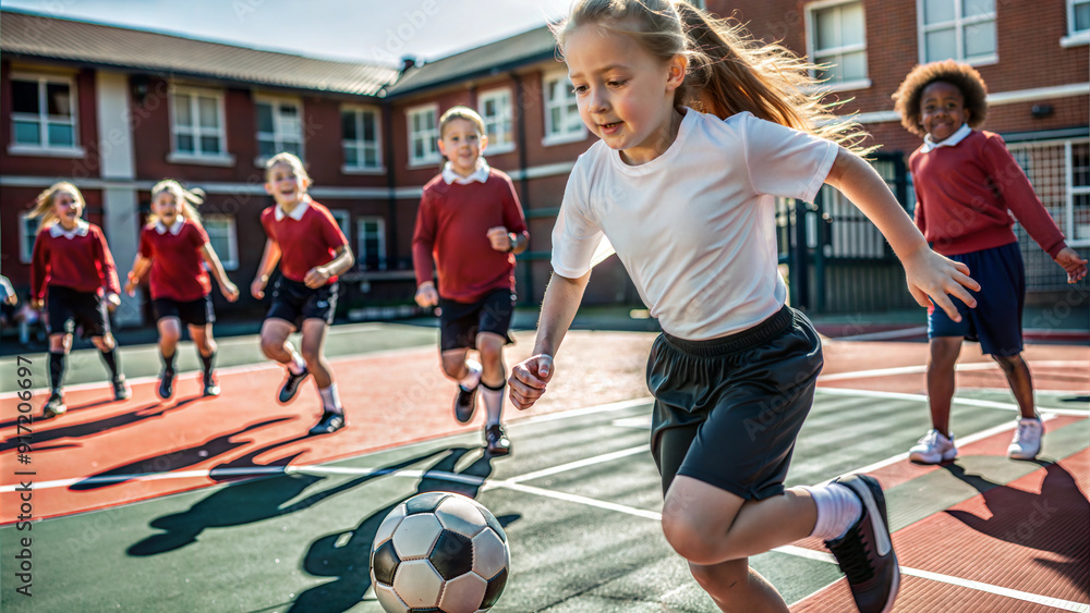 Fototapeta premium Group of elementary students playing soccer on school sports field during recess