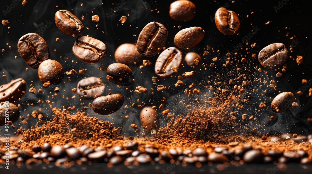 Explosive Coffee: Bursting Coffee Beans and Grounds on Black Background Explosive Coffee: Bursting Coffee Beans and Grounds on Black Background