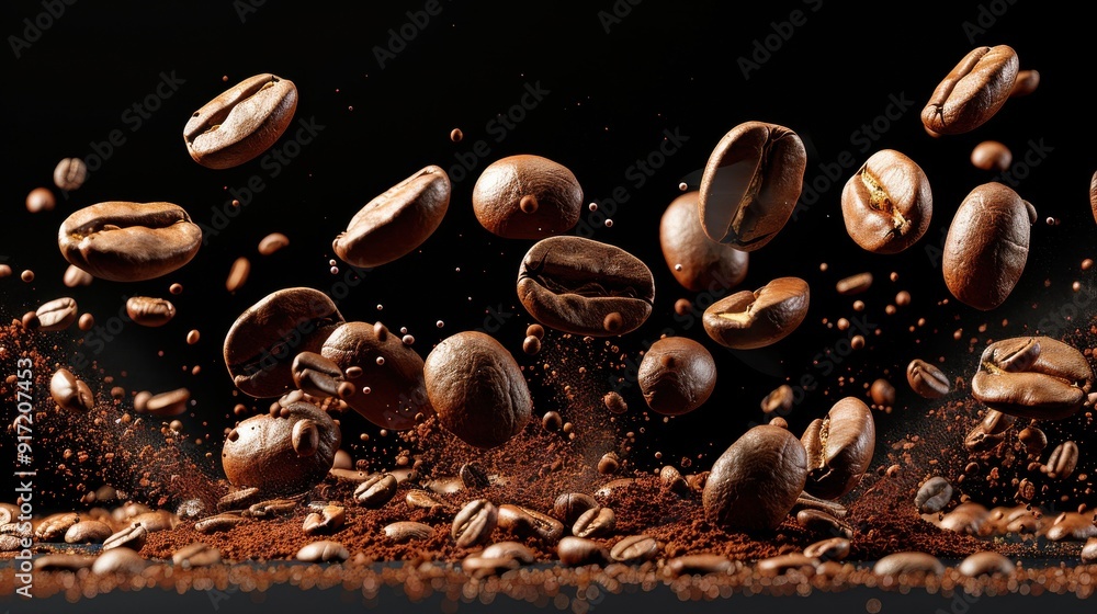 Dynamic Coffee Chaos: Beans in Mid-Air and Scattered Grounds on Black Background Dynamic Coffee Chaos: Beans in Mid-Air and Scattered Grounds on Black Background