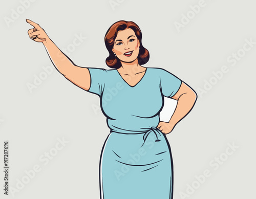 Plump middle age woman showing a way. Woman giving adwice. Cartoon vector illustration. Comic scene
