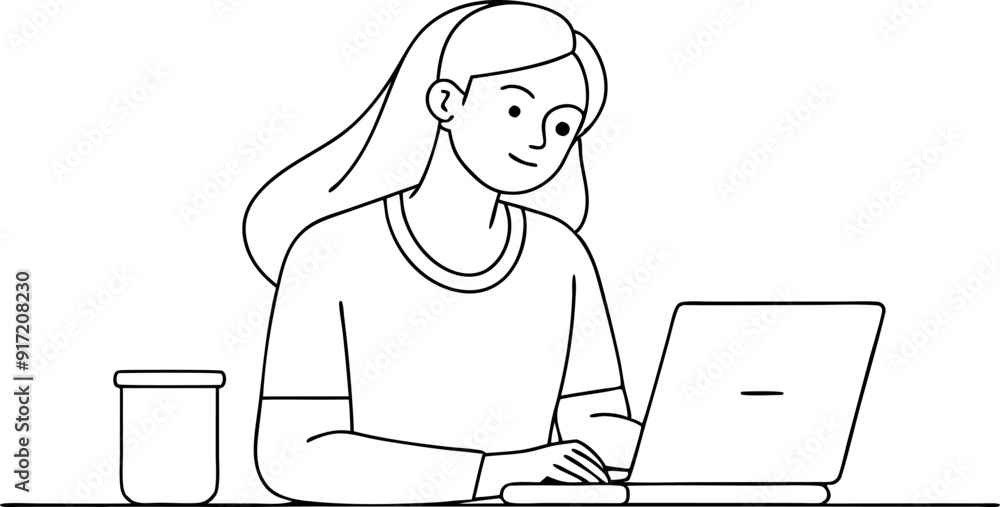 continuous single line drawing of female college student using laptop computer on her lap, line art vector illustration continuous single line drawing of female college student using laptop computer on her lap, line art vector illustration