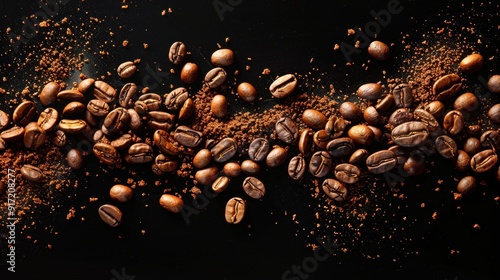 Explosive Burst of Coffee Beans and Grounds on Black Background