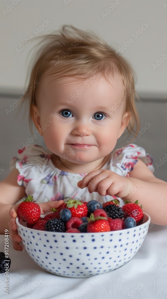 Baby girl with blue eyes smiles as she holds a bowl of fresh berries. Baby girl with blue eyes smiles as she holds a bowl of fresh berries.