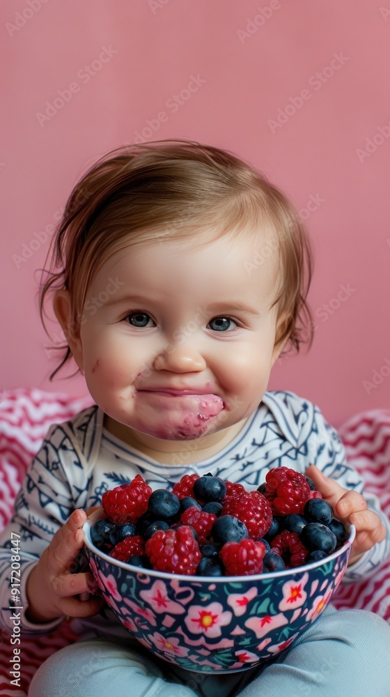 Adorable baby girl holding a bowl of blueberries and raspberries, her face and fingers are stained with the juice. Adorable baby girl holding a bowl of blueberries and raspberries, her face and fingers are stained with the juice.