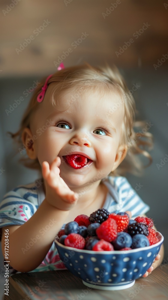 Little girl with blonde hair eating a fresh berry salad from a blue and white polka dot bowl. Little girl with blonde hair eating a fresh berry salad from a blue and white polka dot bowl.