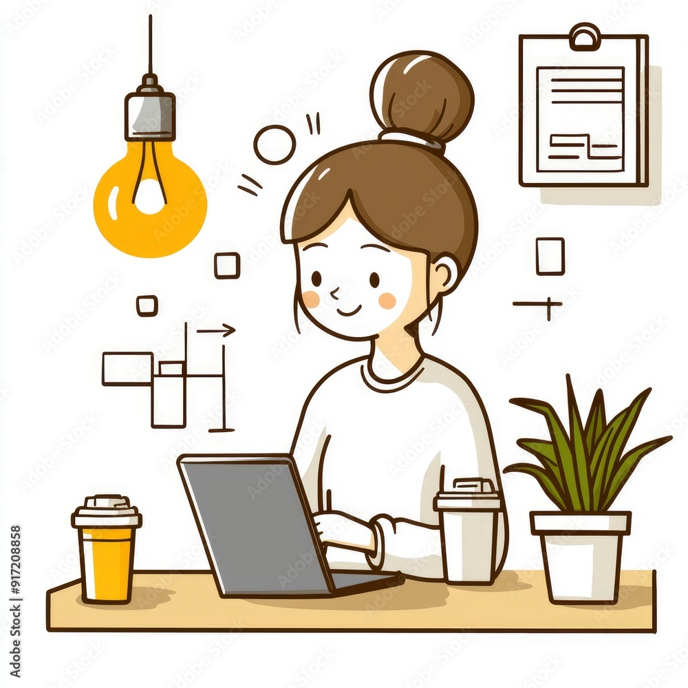 Woman Working on Laptop with a Cup of Coffee and a Plant on Her Desk Woman Working on Laptop with a Cup of Coffee and a Plant on Her Desk